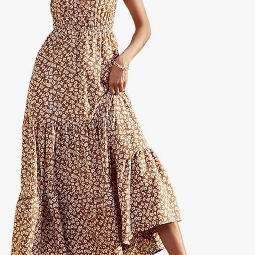 PRETTYGARDEN One Shoulder Floral Maxi Dress | Size XXL | Yellow & Brown | Boho V
